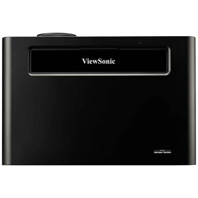 'ViewSonic'-Logo auf der Vorderseite eines schwarzen, rechteckigen Geräts, möglicherweise ein Projektor, mit abgerundeten Ecken.