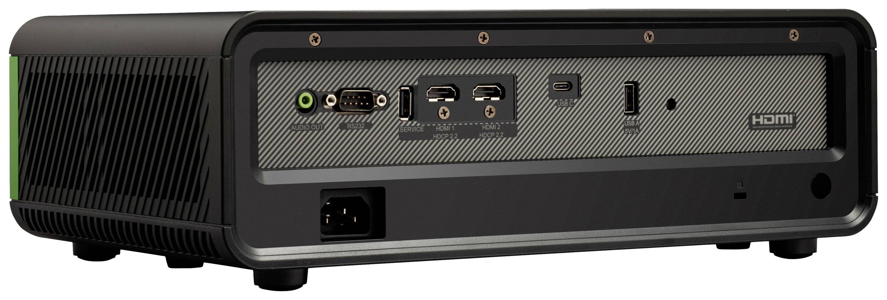 Ein schwarzer Mini-PC von hinten, zeigt mehrere Anschlüsse: HDMI, USB, Audio und Strom. Geeignet für Büros oder Heimgebrauch.