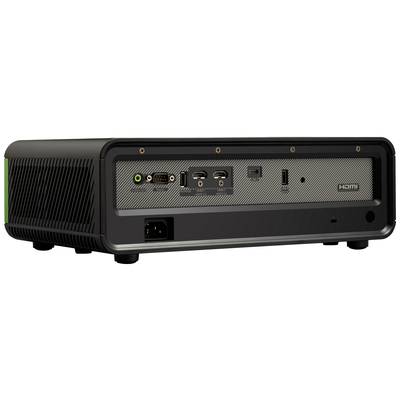 Ein schwarzer Mini-PC von hinten, zeigt mehrere Anschlüsse: HDMI, USB, Audio und Strom. Geeignet für Büros oder Heimgebrauch.