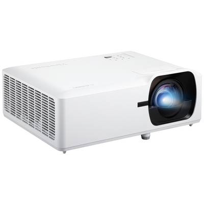 Ein weißer Projektor mit sichtbarem Lichtstrahl, geeignet für Präsentationen oder Heimkinoanwendungen. Gerät steht auf heller Oberfläche.