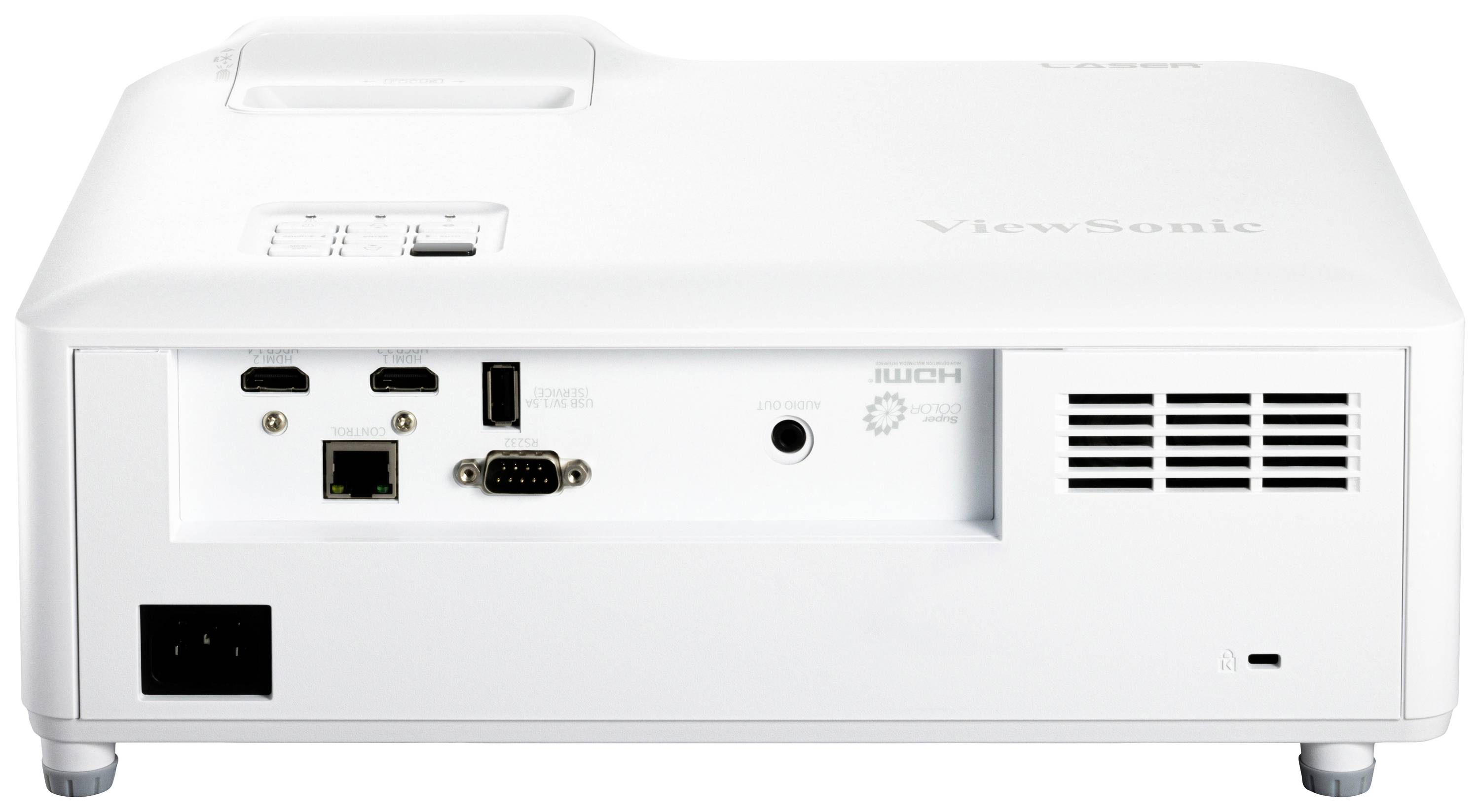 Ein weißer Projektor mit mehreren Anschlüssen hinten, darunter HDMI und USB. Geeignet für Präsentationen oder Heimkinoanwendungen.