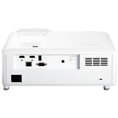 Ein weißer Projektor mit mehreren Anschlüssen hinten, darunter HDMI und USB. Geeignet für Präsentationen oder Heimkinoanwendungen.