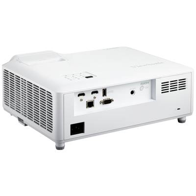 Ein weißer Projektor von der Seite, zeigt Anschlussmöglichkeiten wie HDMI, VGA und USB-Ports, geeignet für Präsentationen.