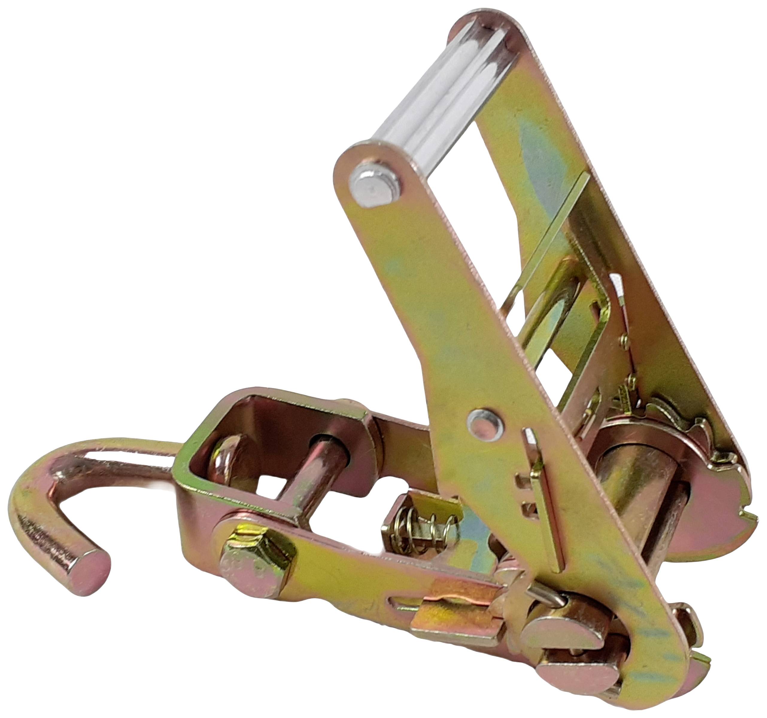 'Ratsche aus Metall mit Haken und Spanner, zur Sicherung von Lasten.'