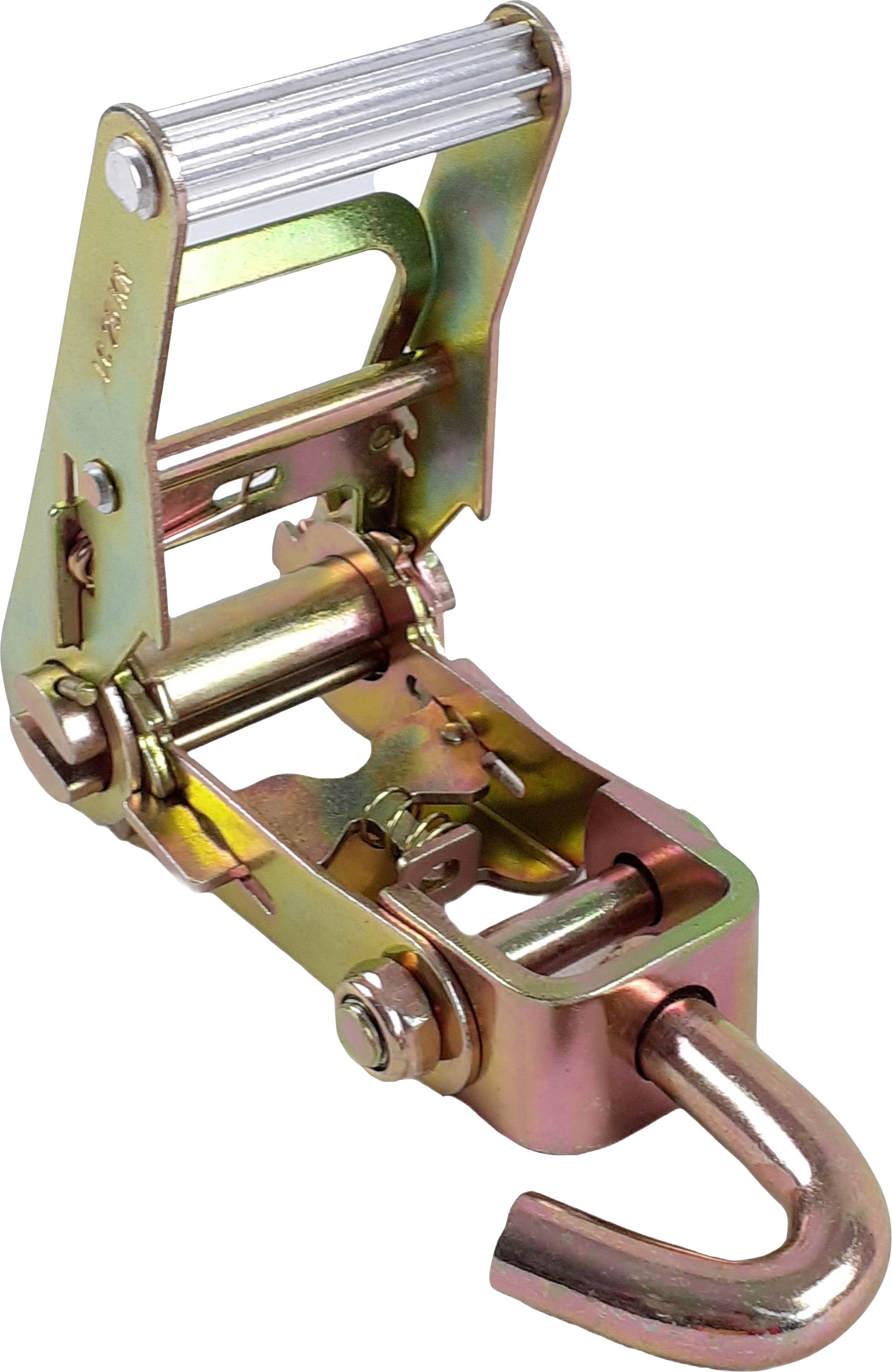 Ein Ratschengurt mit Haken in rostfreier Metallausführung zur Sicherung von Lasten.