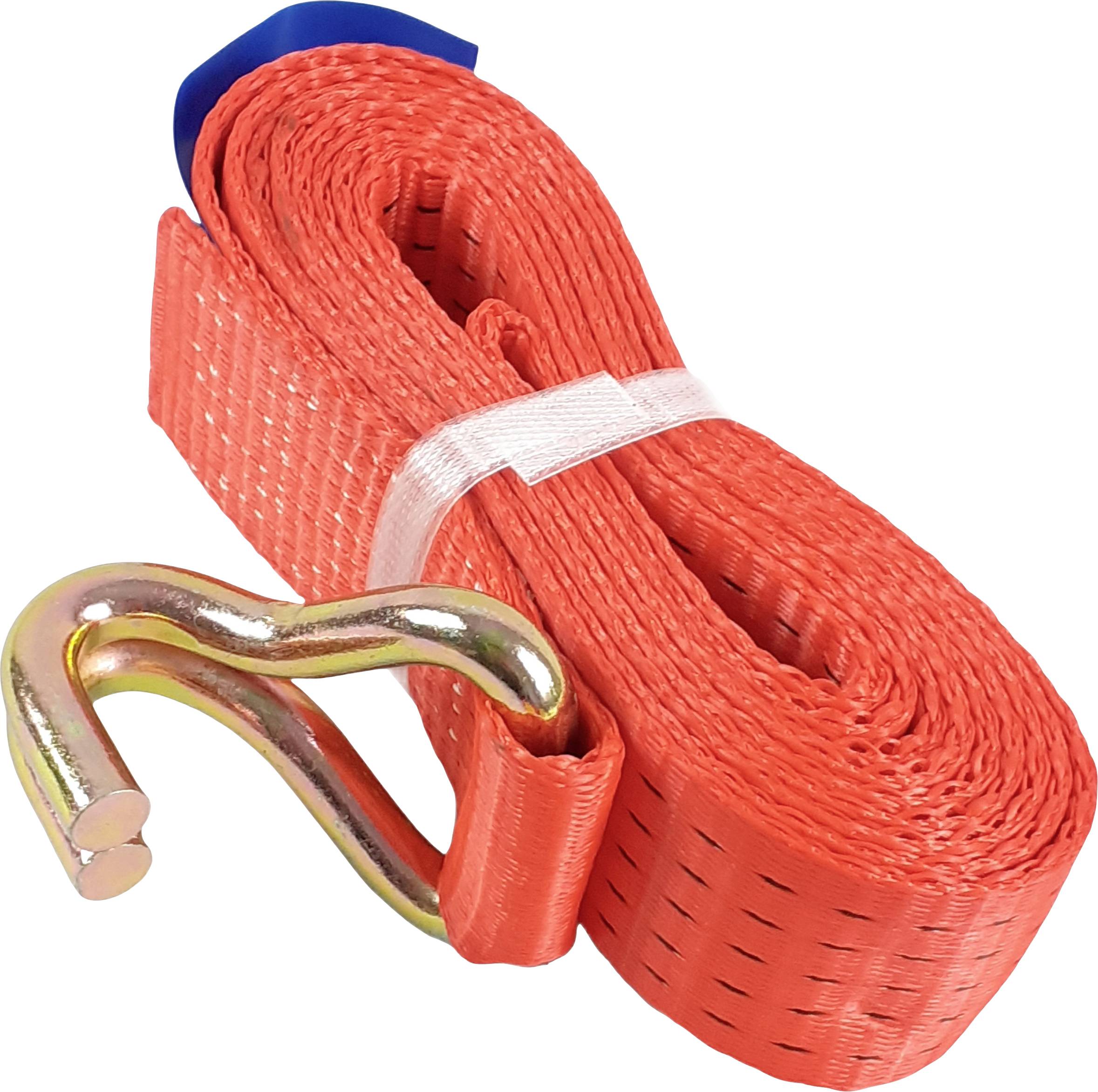 Roter Spanngurt mit Metallhaken, verwendet zum Sichern von Lasten.