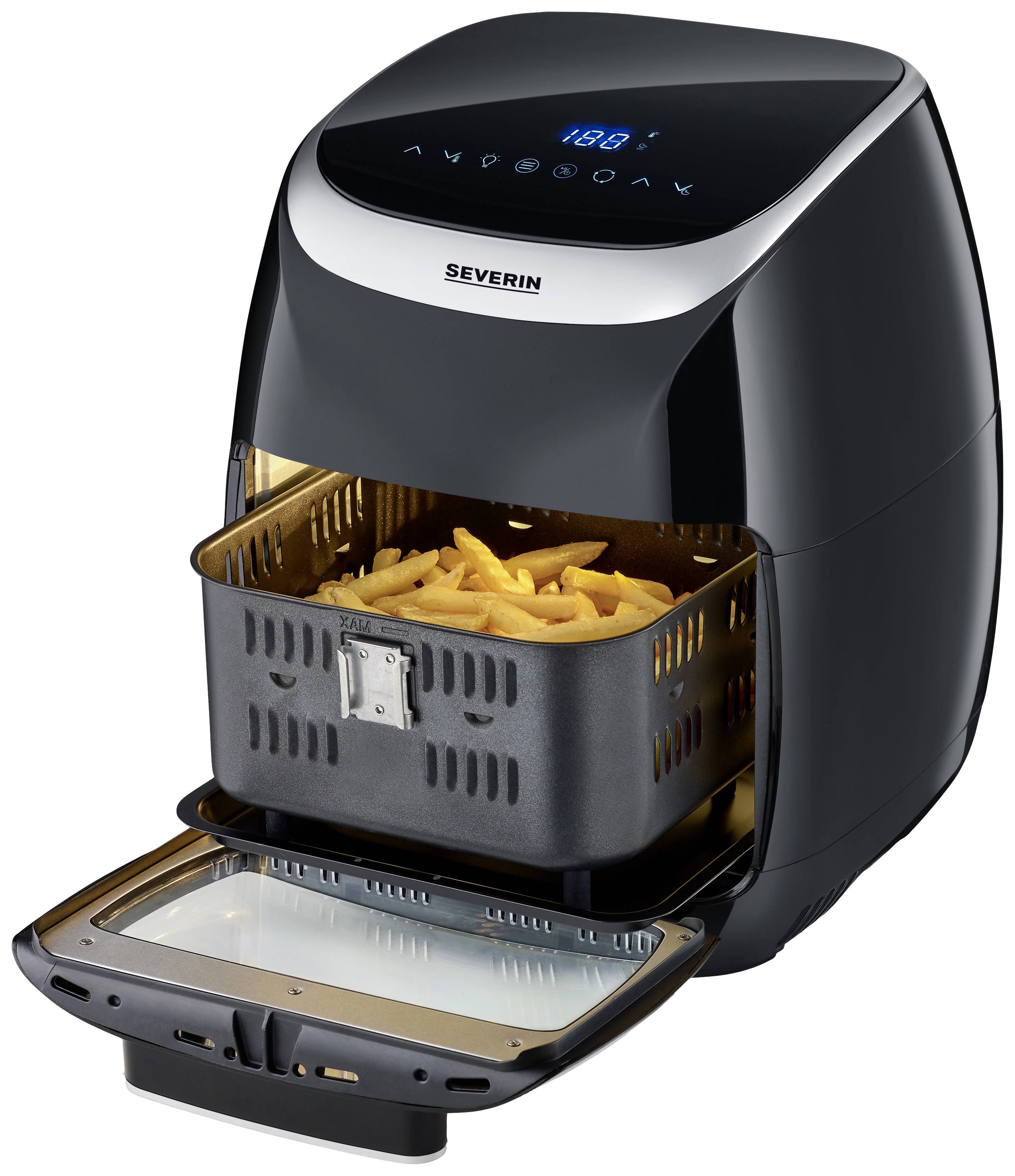 Heißluftfritteuse mit offenem Korb voller Pommes frites, LED-Anzeige leuchtet.