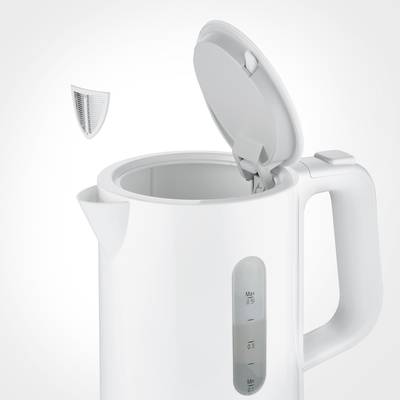 Ein weißer Wasserkocher mit geöffnetem Deckel und abnehmbarem Filter zeigt eine Skala mit maximalem Wasserstand von 1 Liter.