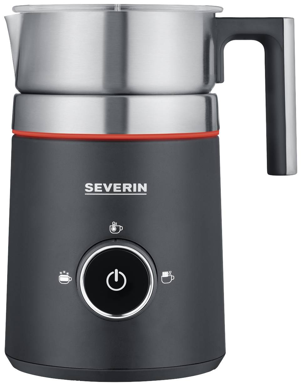 Elektrischer Milchaufschäumer in Schwarz, mit Edelstahlbecher und rotem Ring. Markierung für verschiedene Füllstände.