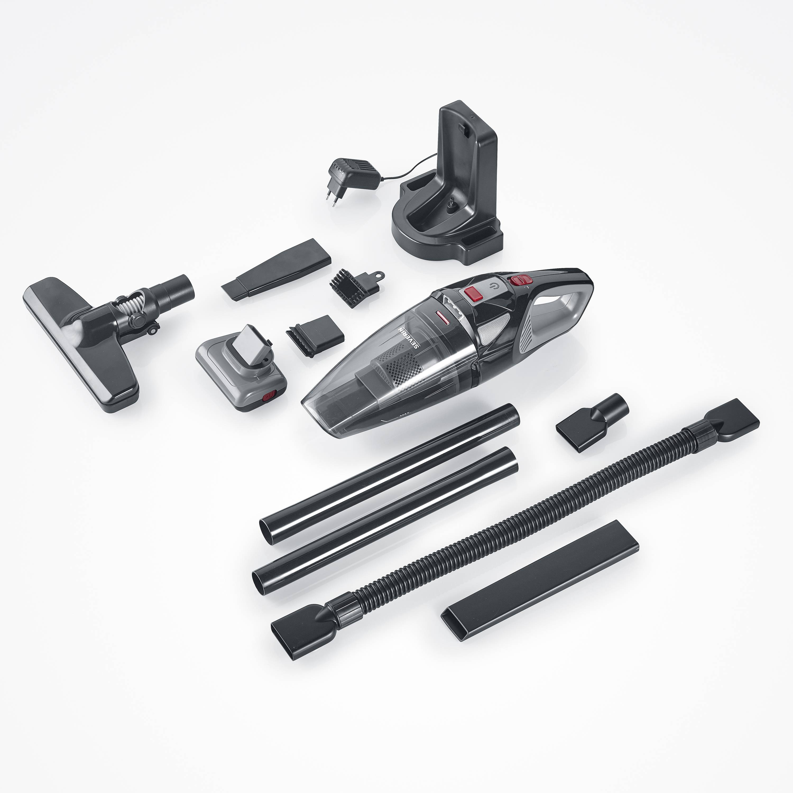 Mehrteiliger Handstaubsauger mit Zubehör wie Bodendüse, Saugrohre, Ladegerät und mehreren Aufsätzen, auf weißem Hintergrund.