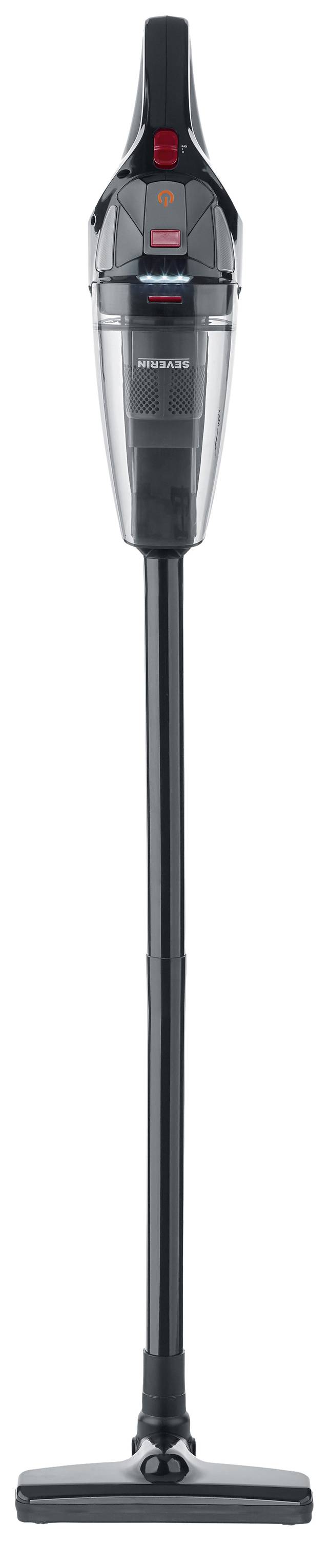 Ein schwarzer, schlanker Stabstaubsauger mit transparentem Staubbehälter und flachem Bodendüsenaufsatz für Böden und Teppiche.