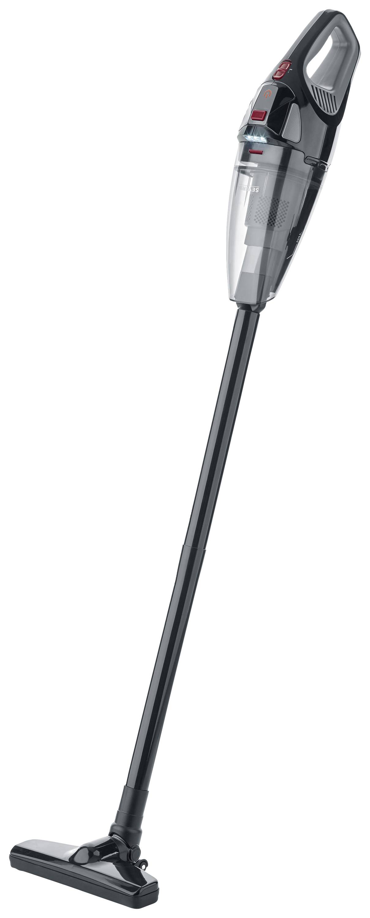 Schwarzer, kabelloser Stabstaubsauger mit durchsichtigem Behälter und schmaler Düse, stehend aufrecht in neutralem Hintergrund.
