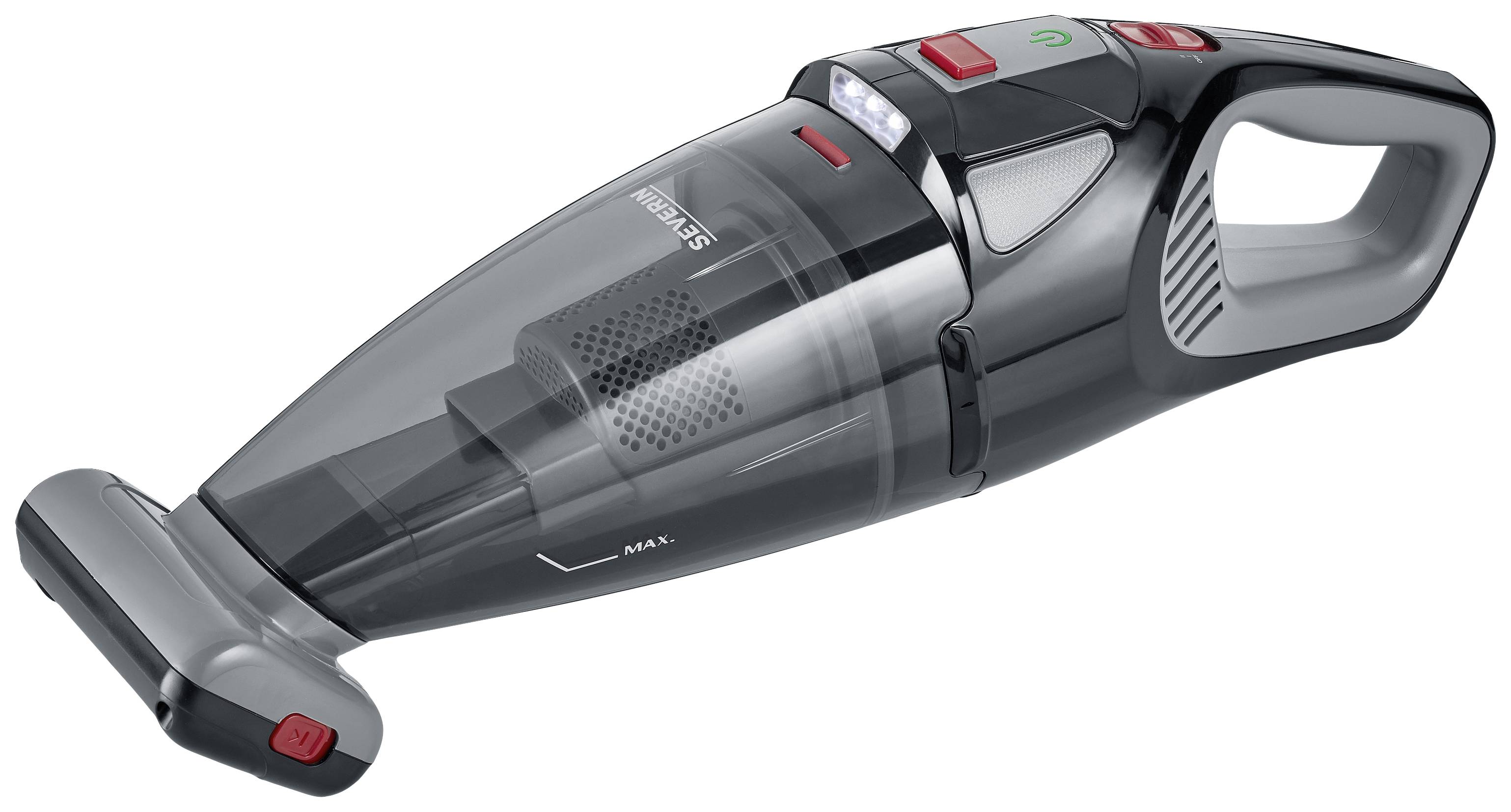 Kabelloser Handstaubsauger in schwarz-grau mit ergonomischem Griff und transparentem Staubbehälter.