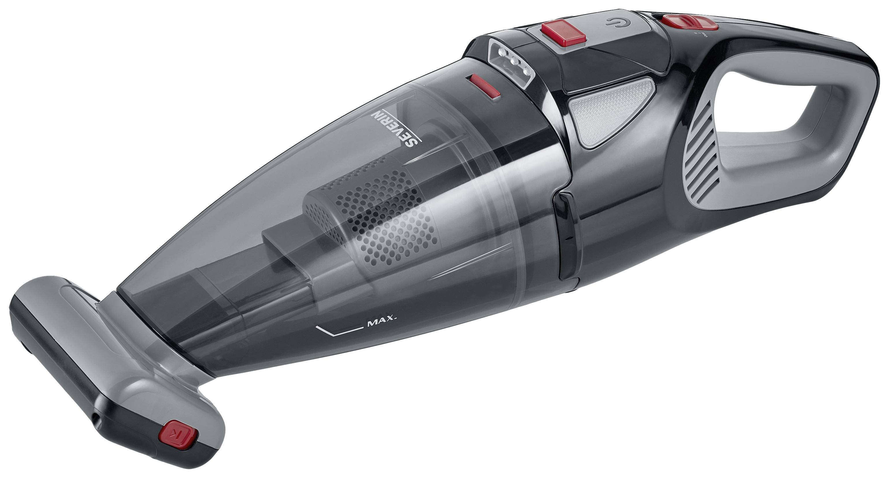 Handstaubsauger in grauer Farbe mit rotem Knopf auf der Oberseite und durchsichtigem Schmutzbehälter.