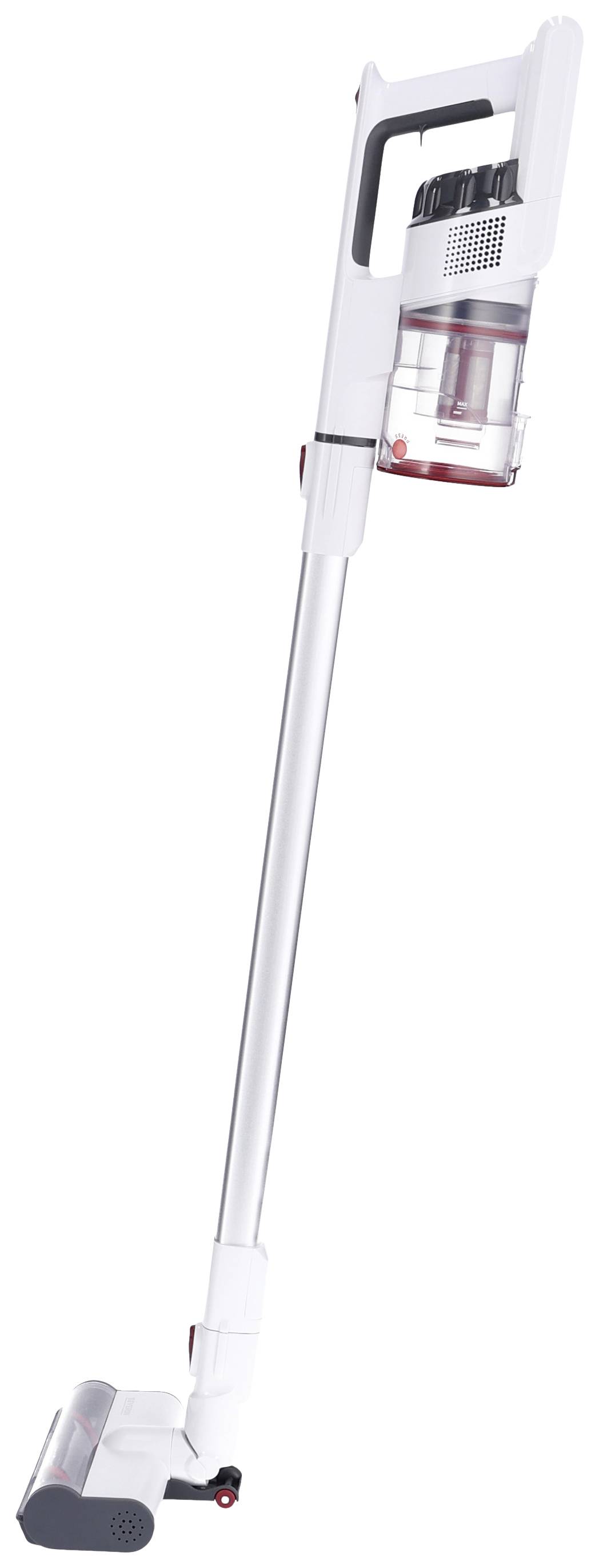Schnurloser weißer Stabstaubsauger mit durchsichtigem Staubbehälter und motorisierter Bodenbürste, stehend aufrecht auf weißem Hintergrund.