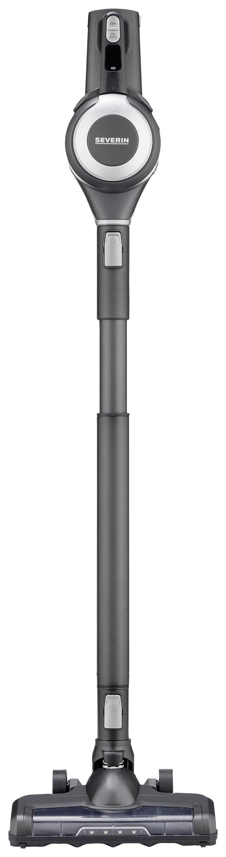 Ein kabelloser Stabstaubsauger in Schwarz mit schlankem Design und rundem Saugkopf. Geeignet für hard-to-reach Stellen und leichten Schmutz.