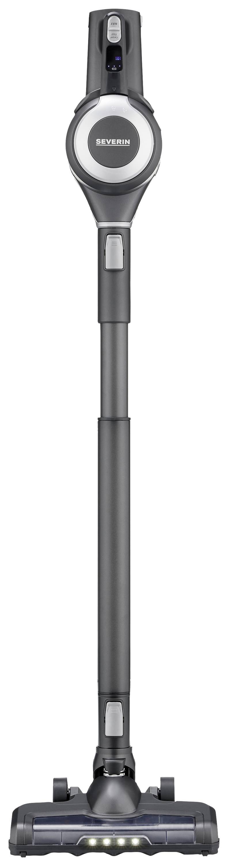 Ein kabelloser Staubsauger mit schlankem Design, graue Farbe, und LED-Lichter an der Düse zur Beleuchtung beim Saugen.