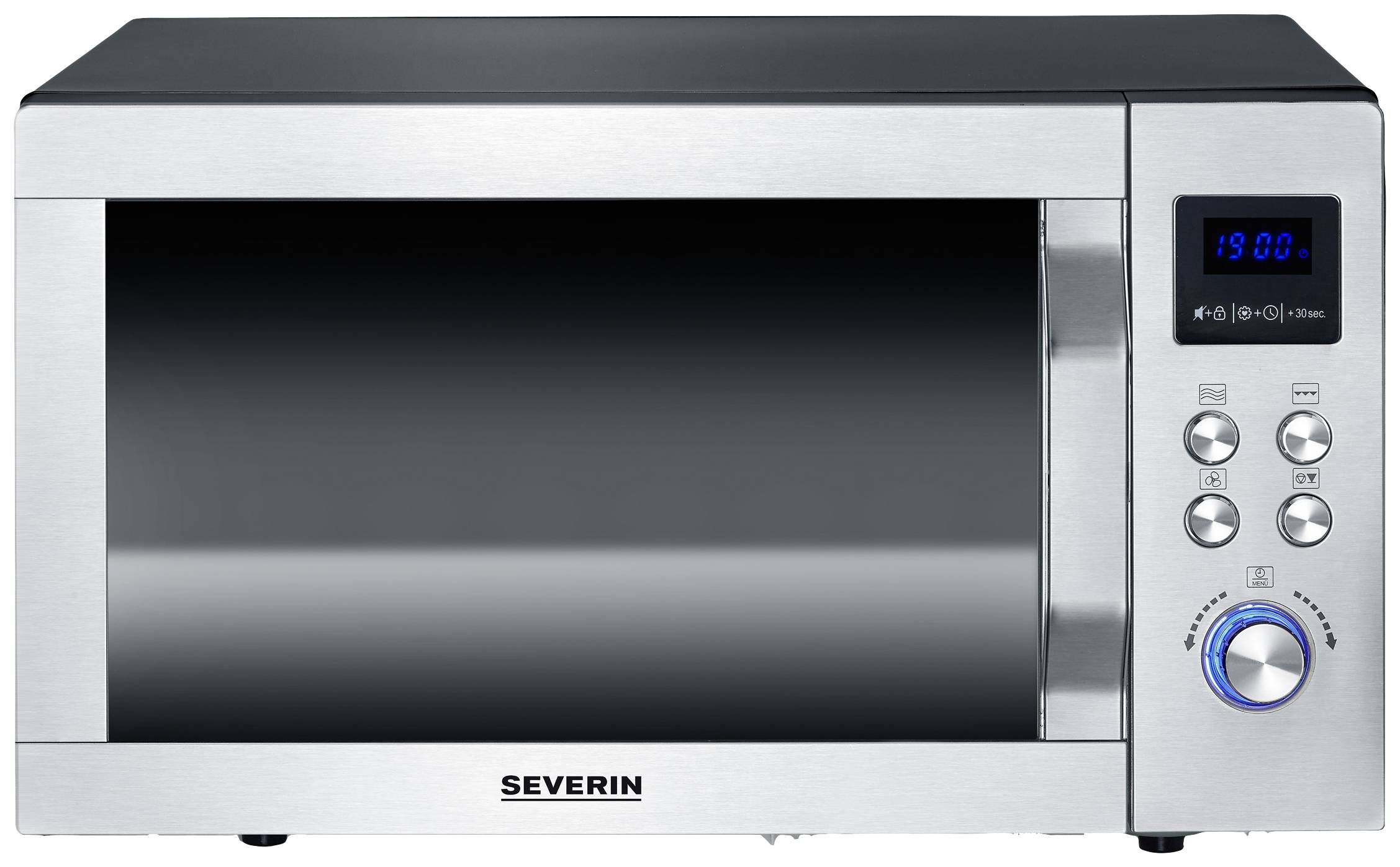 Silberne Mikrowelle mit Digitalanzeige rechts, vier Bedienknöpfe und Zeitangabe '19:00' auf dem Display.