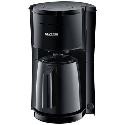 Schwarze Filterkaffeemaschine mit Glaskanne, markiert mit 'Severin', auf weißem Hintergrund.