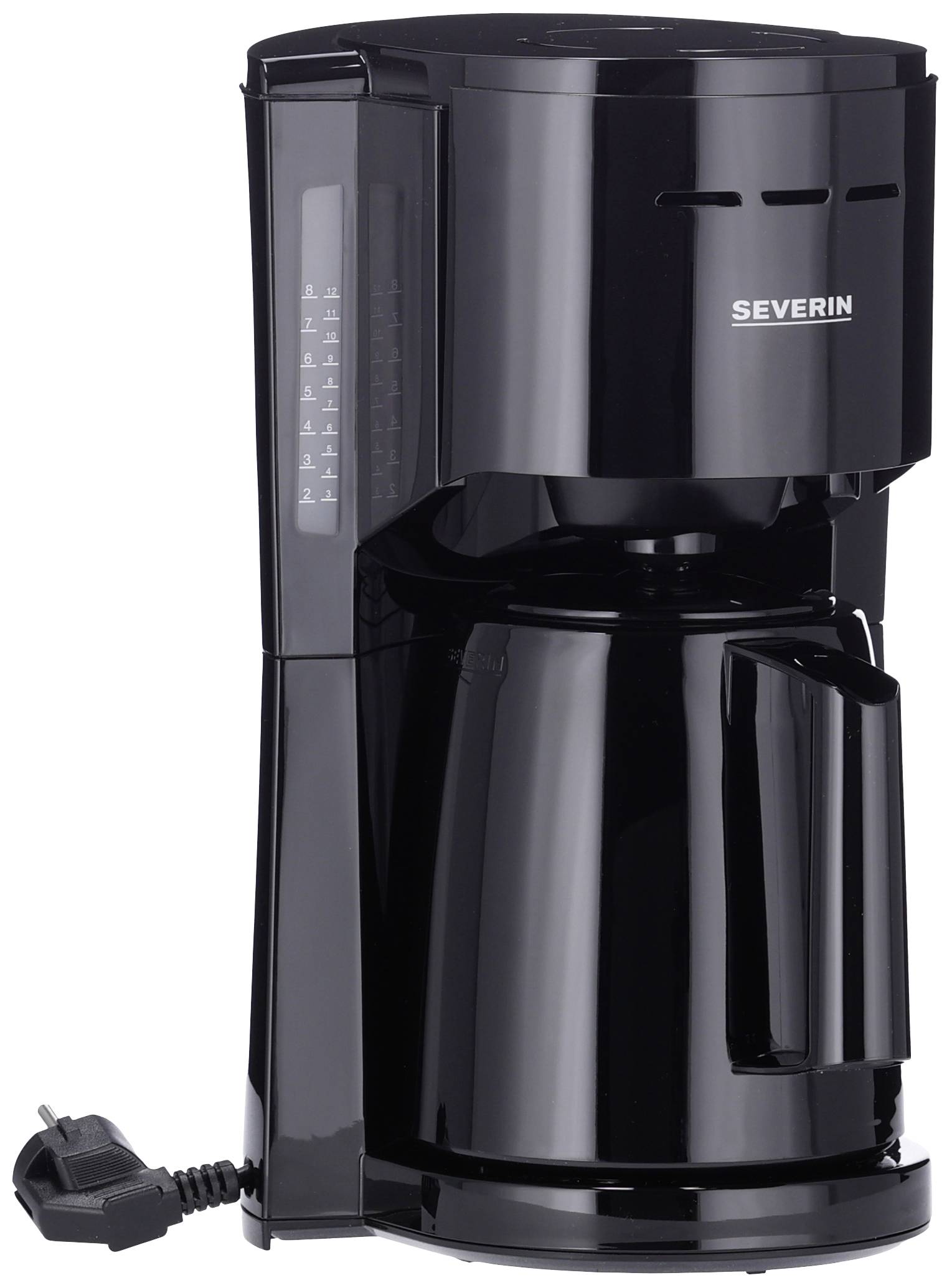 Eine schwarze Filterkaffeemaschine mit Glaskanne und abnehmbarem Netzstecker. Kapazitätsskala für Wasser auf der linken Seite.