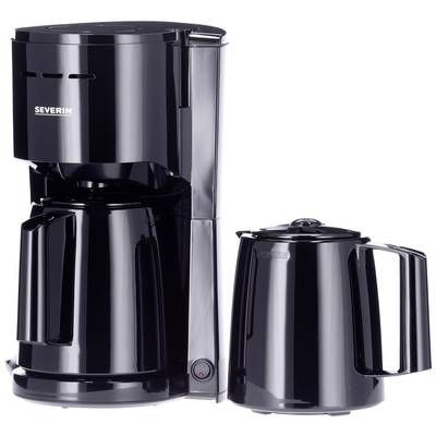 Schwarze Kaffeemaschine mit Kanne daneben, geeignet für die Zubereitung von Filterkaffee.