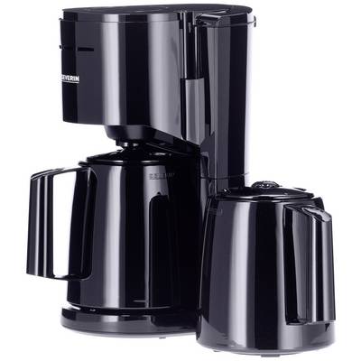 Schwarze Filterkaffeemaschine mit zwei Thermoskannen, eine wird unter dem Filteraufsatz platziert. Steht auf einer weißen Oberfläche.