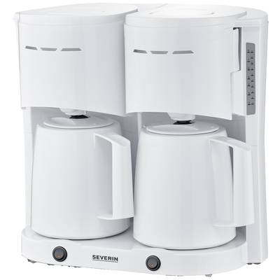 Eine weiße, doppelte Kaffeemaschine mit zwei Kannen aus Kunststoff. Links und rechts befinden sich Filtereinsätze.