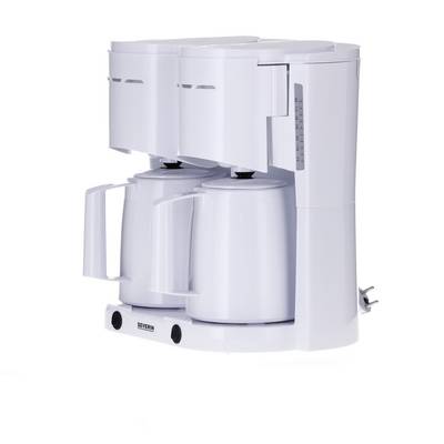 Eine weiße Kaffeemaschine mit zwei Thermoskannen und zwei Filterhaltern; geeignet für die Zubereitung von zwei Kannen gleichzeitig.