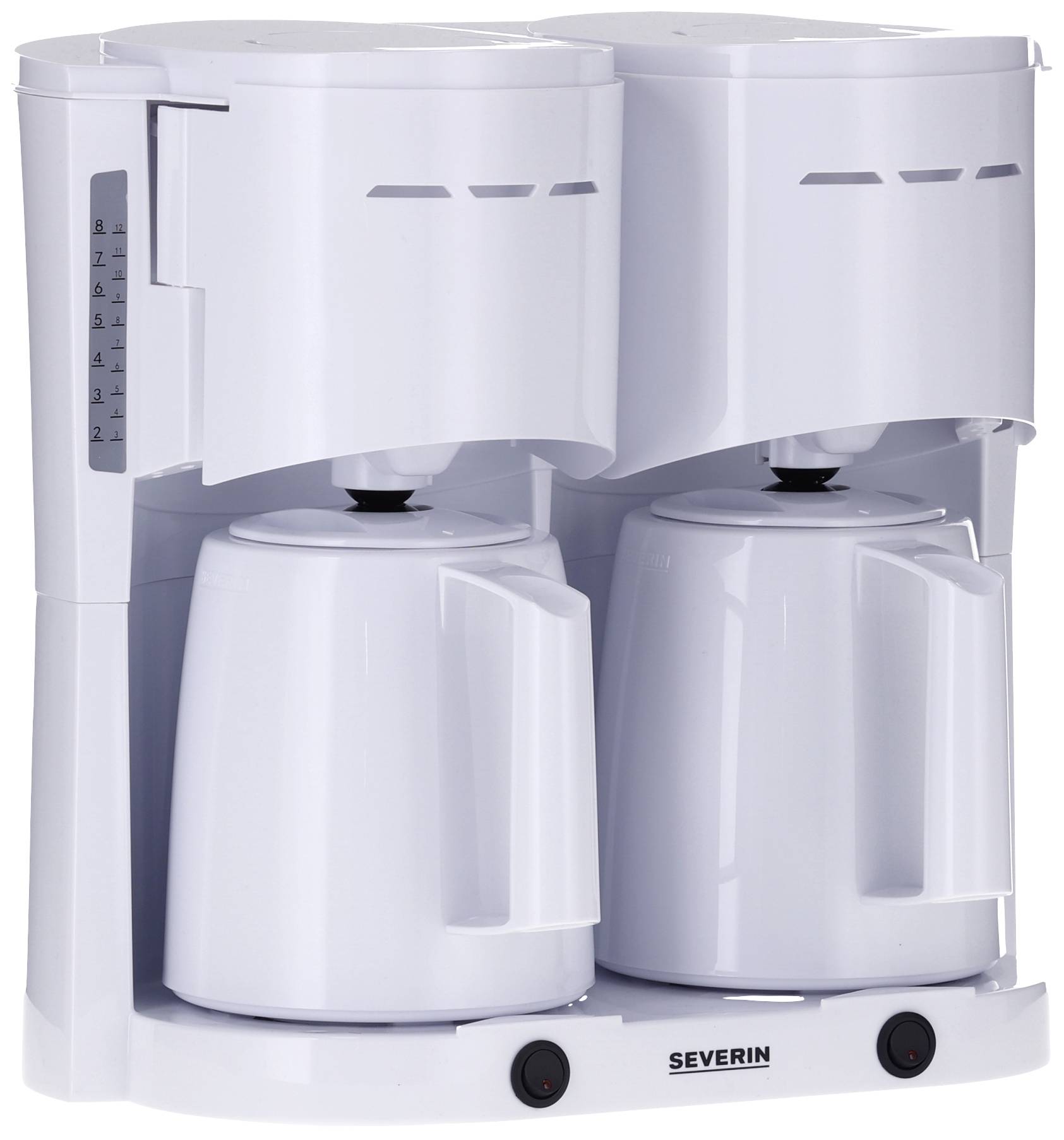 Doppelte weiße Kaffeemaschine mit zwei Kannen, Marke Severin. Ideal für größere Haushalte oder Büros.