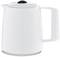 Ein weißer Wasserkocher mit Deckel und Griff steht aufrecht.