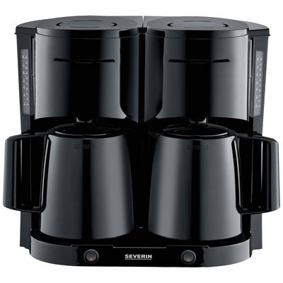 Schwarze Doppel-Kaffeemaschine mit zwei Glaskannen, einer auf jeder Seite, jeweils unter einem Tropfschutz, mit Skalenanzeigen.