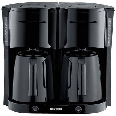 Doppelte schwarze Filterkaffeemaschine von Severin mit zwei Glaskannen, geeignet für große Haushalte oder Büros.