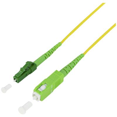 Zwei Glasfaserkabel mit grünen Steckern und gelbem Kabel, eines mit SC-Stecker, das andere mit LC-Stecker, beide mit Schutzkappen.