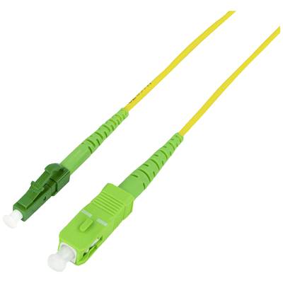 Ein gelbes Glasfaserkabel mit grünen Steckern an beiden Enden, typischerweise verwendet für schnelle Internetverbindungen.