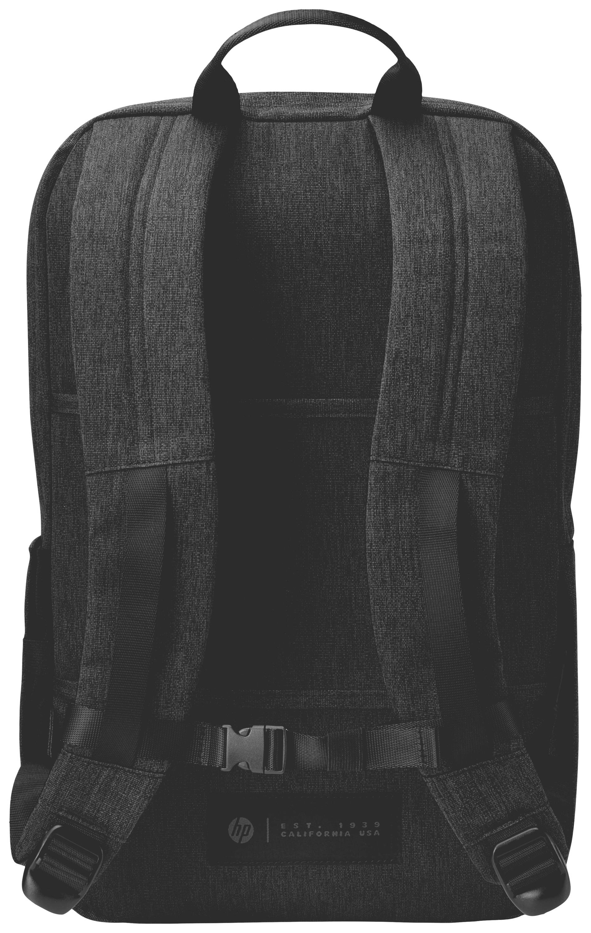 Ein schwarzer Rucksack mit gepolsterten Trägern und einer reflektierenden Sicherheitsmarke an der Rückseite.