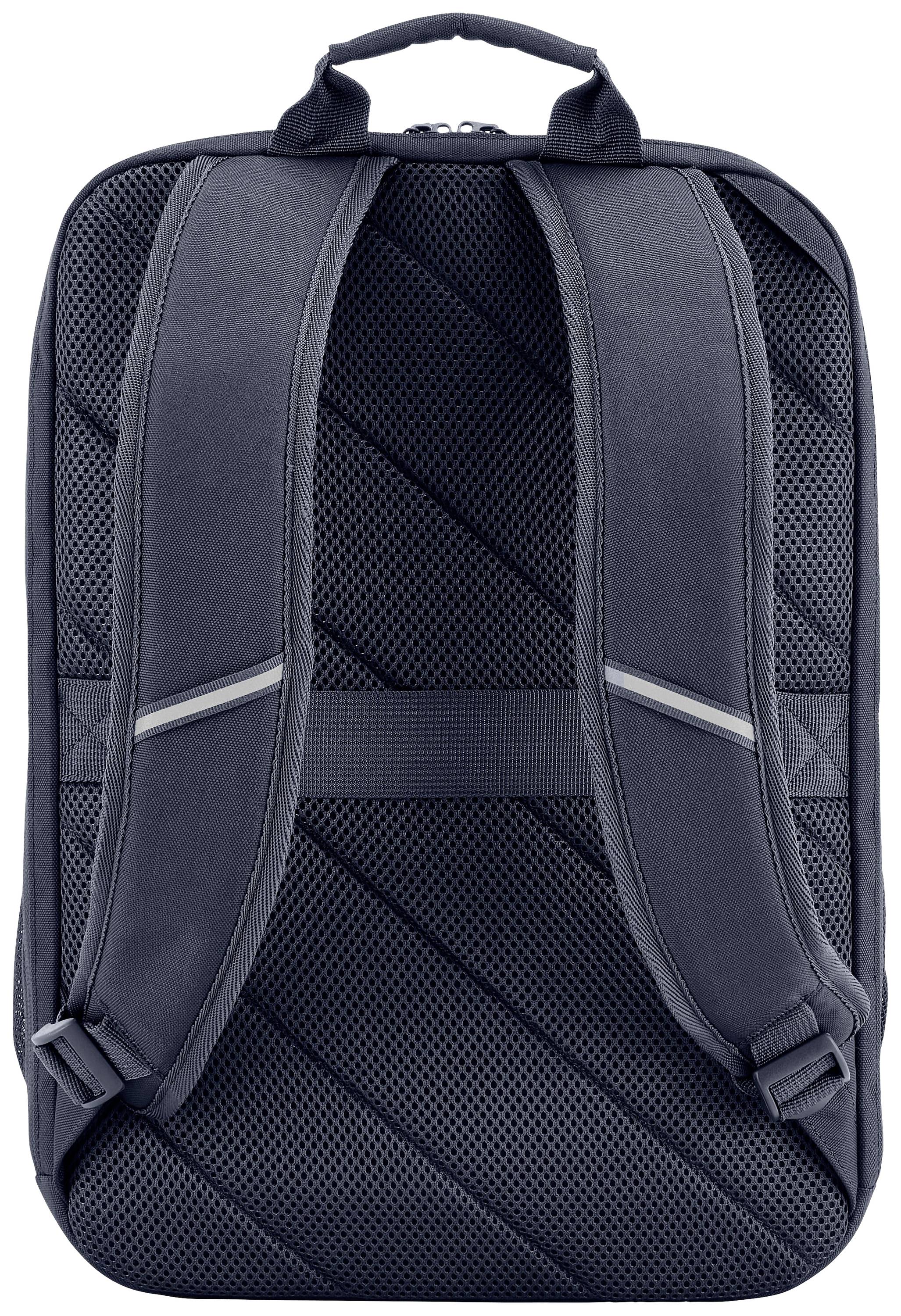 Rückansicht eines dunkelgrauen Rucksacks mit zwei gepolsterten, verstellbaren Trägern und atmungsaktivem Netzstoff.