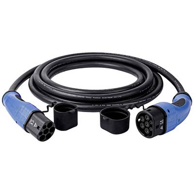 Ein blaues Ladekabel für Elektrofahrzeuge mit zwei Steckern und Schutzkappen, aufgerollt auf weißem Hintergrund.
