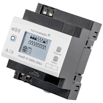 Ein Homematic IP DALI-Dimmaktor mit Display und Bedientasten, zeigt Kanäle und Statusanzeigen. Gerät zur Steuerung von Beleuchtungssystemen.