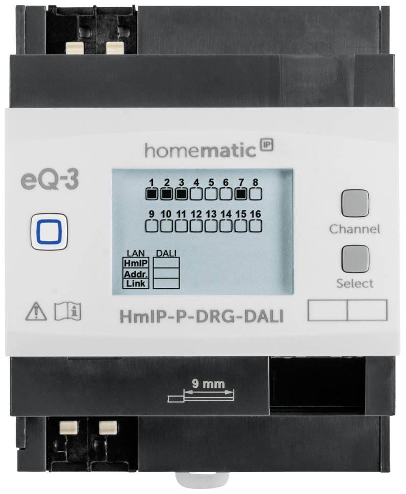 Steuergerät mit Display, zeigt LAN, HmIP- und DALI-Verbindungen. Beschriftet mit 'eQ-3', 'homematic IP', 'HmIP-P-DRG-DALI'.