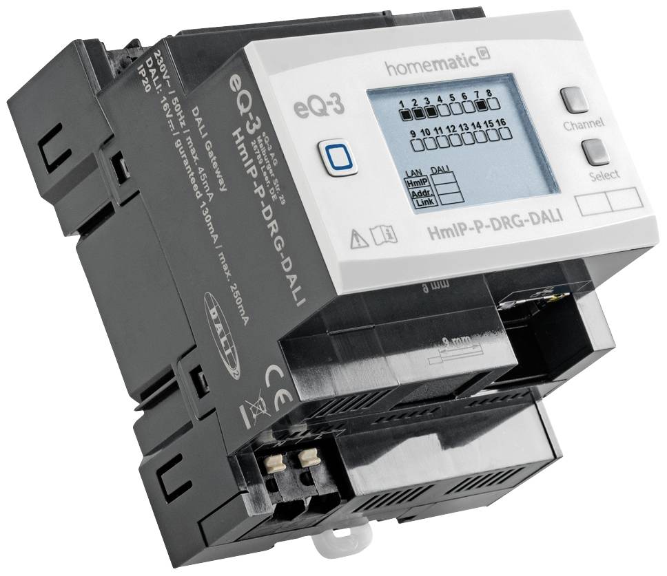 Ein elektrisches Steuergerät mit Display und mehreren Anschlüssen, beschriftet mit 'homematic', Modell 'HmIP-P-DRG-DALI'.