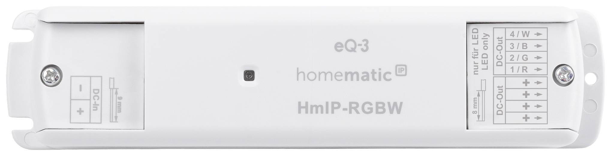 Ein weißes Homematic IP Modul mit der Bezeichnung 'HmIP-RGBW' von eQ-3. Beschriftungen und Anschlussdiagramme sind sichtbar.