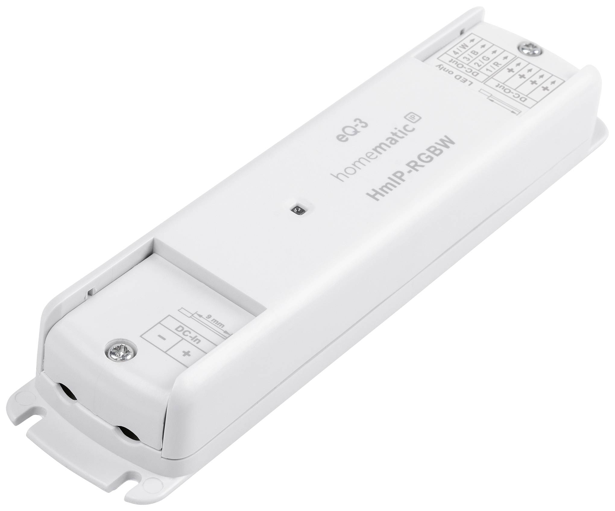 Ein weißer Homematic IP RGBW Controller. Geeignet zur Ansteuerung von LED-Beleuchtung, mit Anschlüssen und Steuerungseigenschaften.