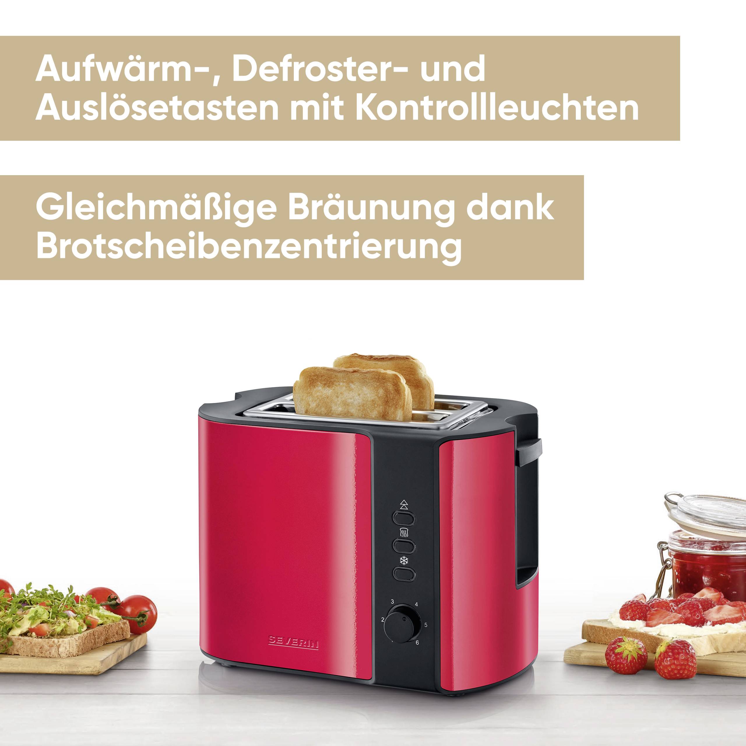'Roter Toaster auf einer Küchenoberfläche mit einer Brotscheibe im Schlitz. Text beschreibt Funktionen wie Aufwärmen und gleichmäßiges Bräunen.'