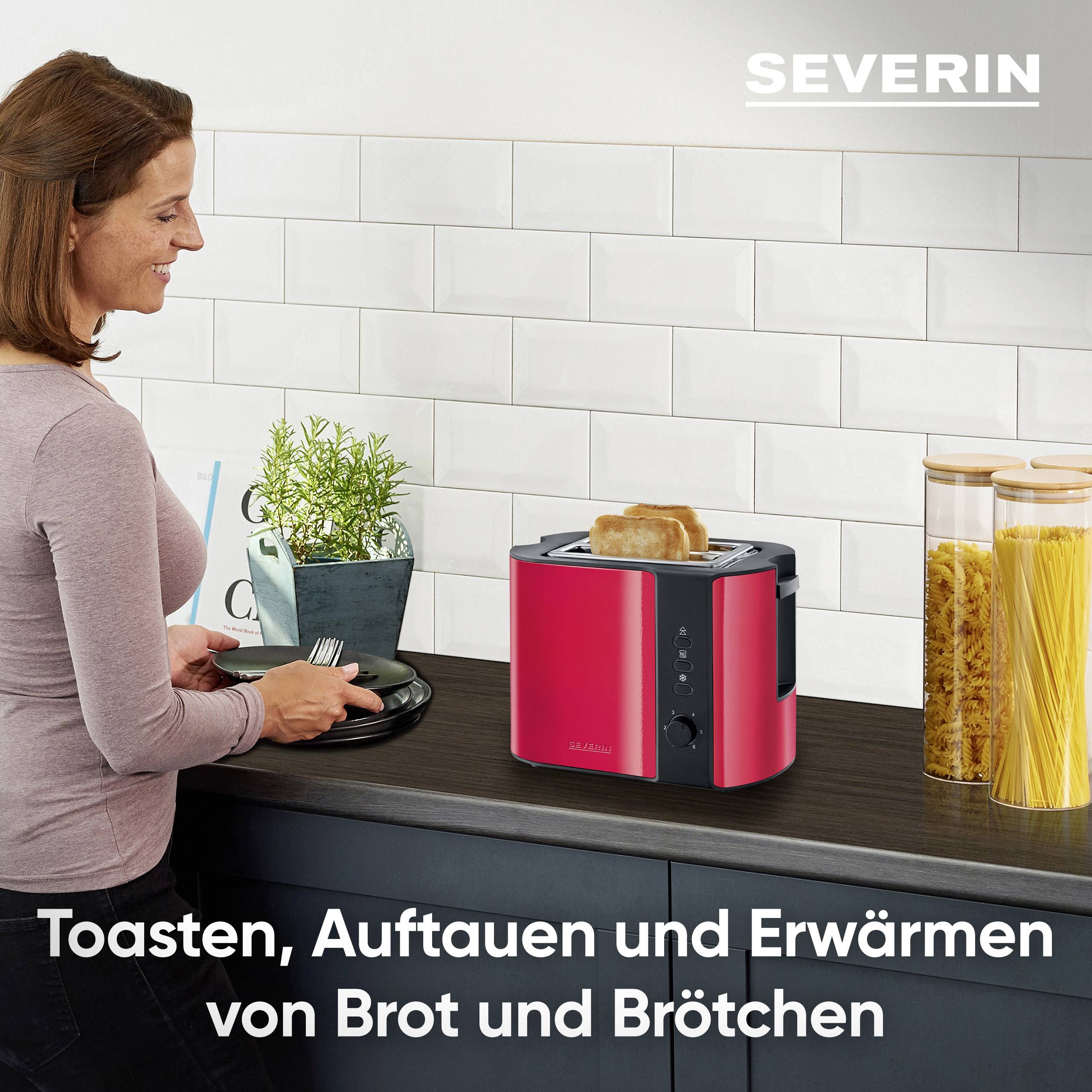 Eine Frau benutzt einen roten Toaster auf einer Küchentheke. Text: 'Toasten, Auftauen und Erwärmen von Brot und Brötchen'.
