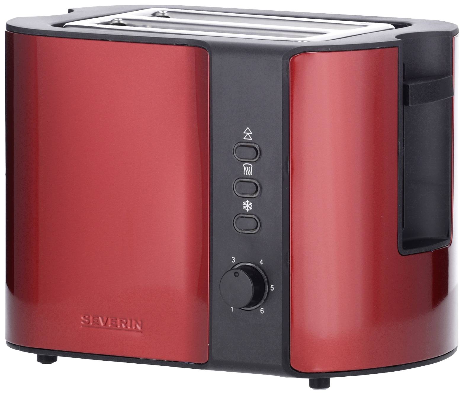 'Roter Toaster mit schwarzer Bedienblende und integrierten Einstellknöpfen für Toastgrad und Zusatzfunktionen.'