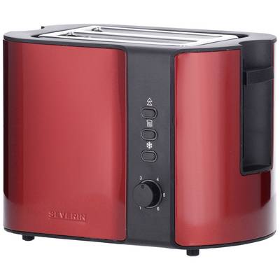 'Roter Toaster mit schwarzer Bedienblende und integrierten Einstellknöpfen für Toastgrad und Zusatzfunktionen.'