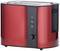 'Roter Toaster mit schwarzer Bedienblende und integrierten Einstellknöpfen für Toastgrad und Zusatzfunktionen.'