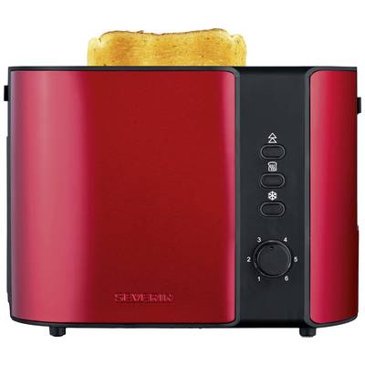 Ein einfacher, roter Toaster mit geröstetem Brot oben. Der Toaster hat mehrere Einstellungsoptionen und ein Zifferblatt für den Bräunungsgrad.