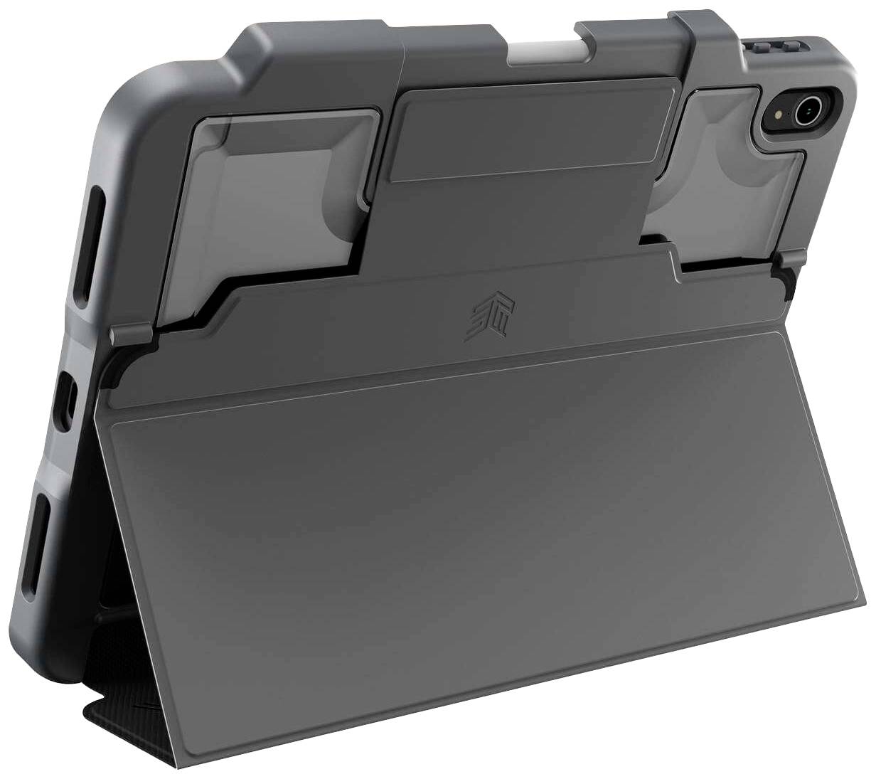 Ein schwarzes Tablet mit robustem Schutzhülle und eingebautem Ständer ist von hinten zu sehen.