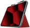 Ein Tablet in einer Schutzhülle steht aufrecht, gezeigt von der Seite. Der Bildschirm zeigt ein geometrisches Muster in Rot.